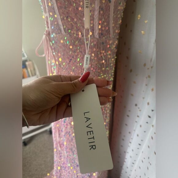 Lavetir NWT Sequin Velvet Corset Lace Up Back High Side Sexy Slit Prom Dress 4 - Picture 7 of 10
